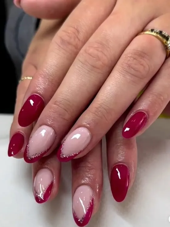 Deep burgundy gel almond nails