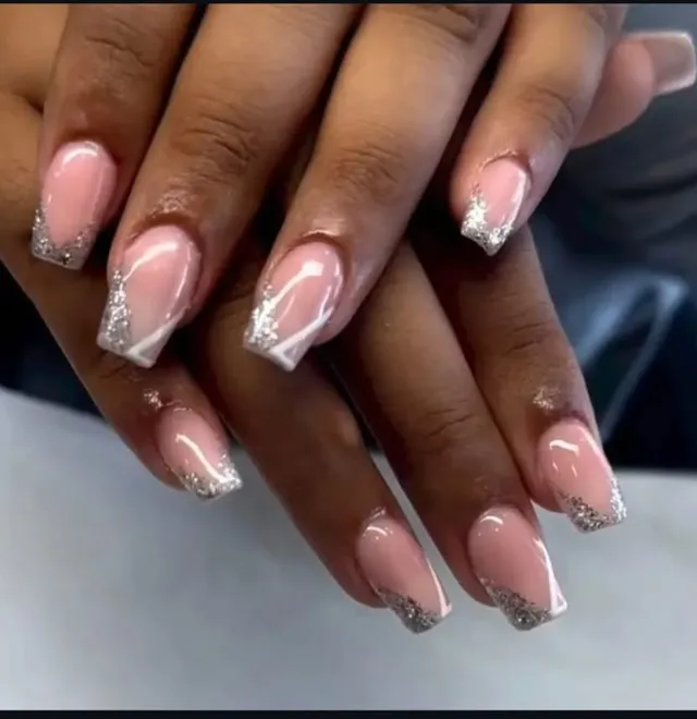 French tips with silver glitter on coffin nails